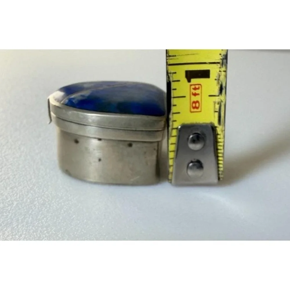 Lapis Lazuli Ring Pill Trinket Box Silver Metal Trim & Hinged Lid Pyrite Flecks